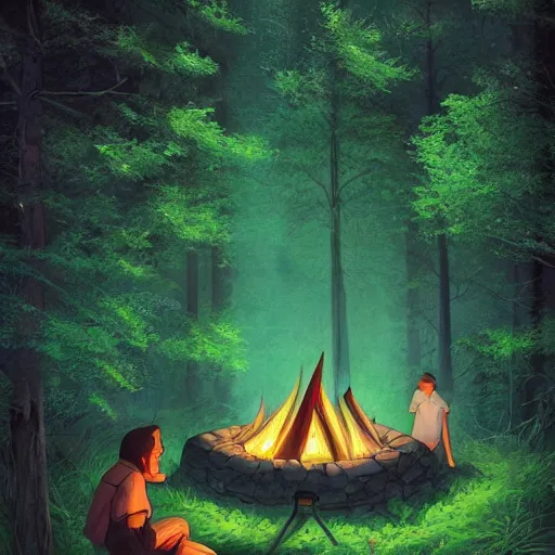 Prompt: beautiful close up, zoom up campfire in the woods at night, warmth, green screen, ( ( people ) ), ( ( person ) ), stylized, artgerm, artstation, hd, cgsociety, cgi, realistic, dramatic, cinematic, artistic, trending, detailed