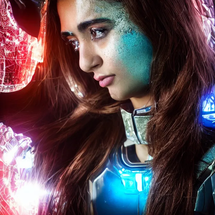 Image similar to portrait photograph of an extremely beautiful!!!! young pakistani female, Distant look on her face, natural light, wearing a futuristic cyborg suit! Brown hair. Blue eyes. Standing on a Japanese neon lit street. looking at the camera!!. super resolution. Extremely detailed. Graflex camera!, bokeh!!!!! trending on artstation.