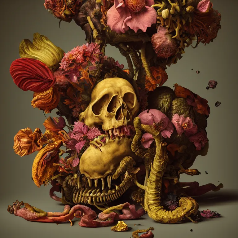 Image similar to still life of rotten flesh, beautiful tropical flowers, human spine, colorful mold, baroque painting, beautiful detailed intricate insanely detailed octane render, 8K artistic photography, photorealistic, chiaroscuro, Raphael, Caravaggio