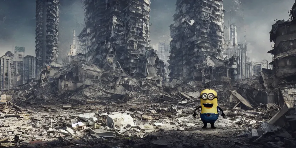 Image similar to one giant minion in the middle of the ruins of cyberpunk moscow after the bombing, a minimum of surviving houses, a dim sky, a dead city