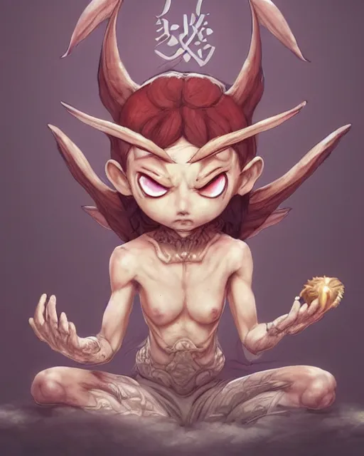 Image similar to a tiny cute demon floating while meditating and wrapped in sacred scrolls, smooth, intricate, elegant, digital painting, artstation, power runes, pulsing energy, concept art, sharp focus, octane render, illustration, art by shintaro kago, overwatch character,