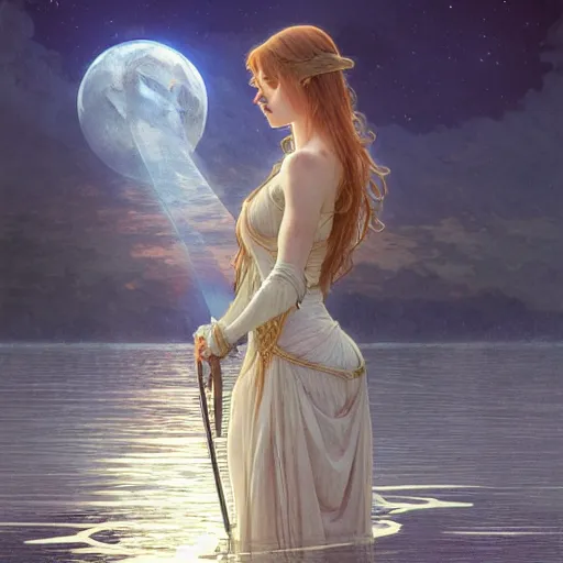 Image similar to excalibur rising from the middle of a lake under a giant full moon, rippling reflections, romantic, cinematic, intricate, elegant, highly detailed, artstation, concept art, smooth, sharp focus, art by alphonse mucha and Monia Merlo and Raymond Swanland and greg rutkowski