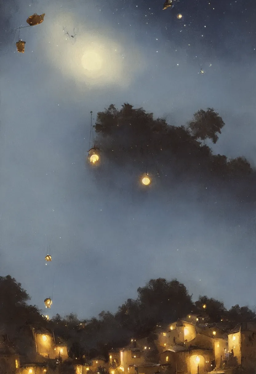 Prompt: Painting by Greg Rutkowski, at night a big ceramic jug with gold ornament flies high in the night dark blue sky above a small village with white houses under thatched roofs, stars in the sky