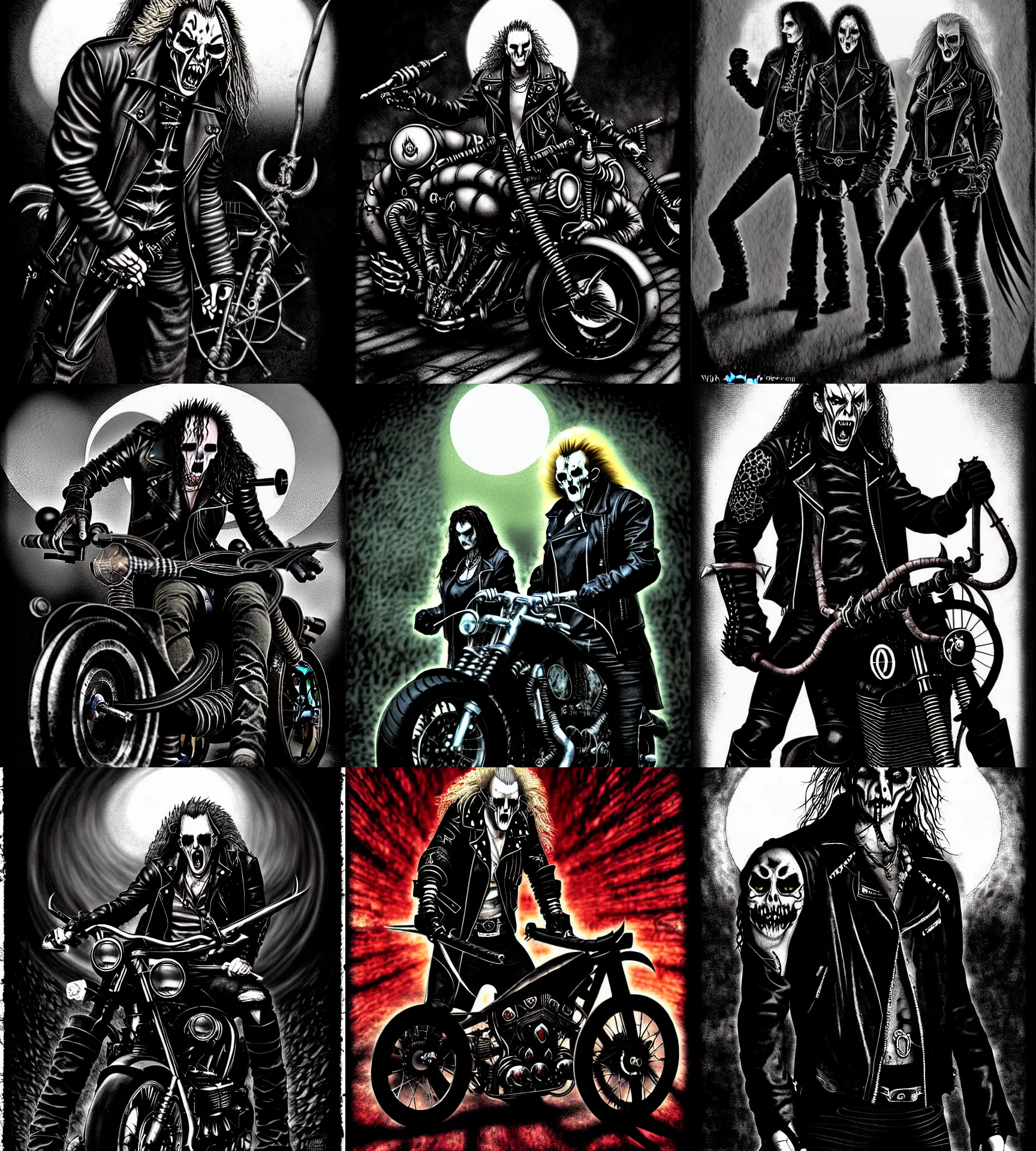 Prompt: photographic / photorealistic version of : biker vampires, gangrel, circle of the crone, illustration from a world of darkness vampire : the requiem source book ( by white wolf )