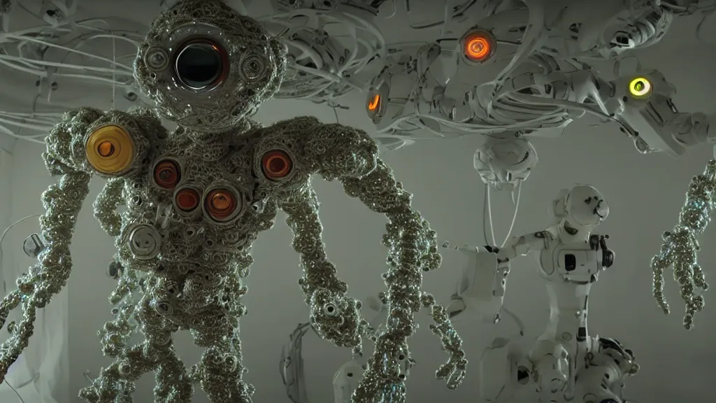 Image similar to a cybernetic symbiosis of a single astronaut mech-organic eva suit made of pearlescent wearing knitted shiny ceramic multi colored yarn thread infected with diamond 3d fractal lace iridescent bubble 3d skin dotted covered with orb stalks of insectoid compound eye camera lenses floats through the living room, film still from the movie directed by Denis Villeneuve with art direction by Salvador Dalí, wide lens,kevlar,carbon fiber,ceramics,gaseous materials,