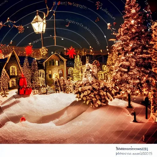 Image similar to Christmas village with snow at night horror atmosphere scary lighting string lights silhouette in the distance photorealistic HDR