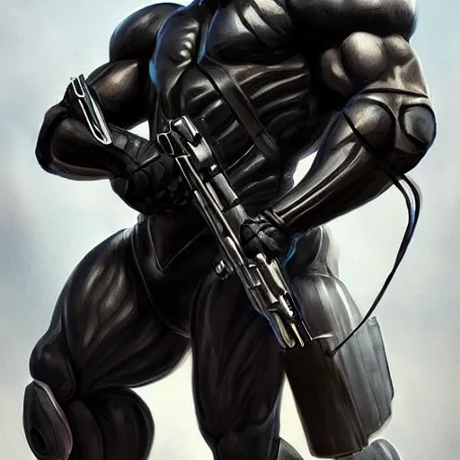 Prompt: an enormously muscular black - coated anthro horse, wearing skintight combat suit, a high - tech facility background, highly detailed, digital painting, game character, artstation, concept art, illustration, art by artgerm, greg rutkowski, wlop