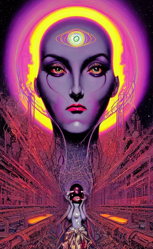 Image similar to Portrait of beautiful woman channeling third eye energy, surrounded by a background of dark cyber mystic alchemical transmutation heavenless realm, cover artwork by philippe caza, midnight hour, part by francis bacon, part by jeffrey smith, part by josan gonzales, part by dan mumford, part by norman rockwell, part by phil hale, part by kim dorland, rich deep color scheme, artstation, matte gouache illustration, highly detailed,