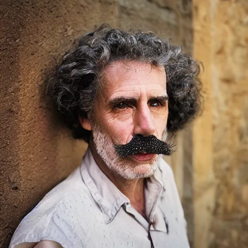 Prompt: hyper - realistic, kodachrome medium shot portrait of an attractive ethereal 5 0 year old male, of mixed italian, lebanese and scottish descent with pale skin, a slightly large nose, black curly hair and dark eyes, a weak mustache and freckles. in the style of steve mccurry