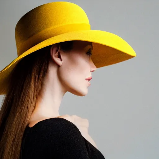 Image similar to portrait of 2 3 - year - old woman with angle lost profile looking away, happy women, cinematic colors, medium yellow blond hair, brown hat, hair comes out of the hat a little, caracter look like angelina jolie