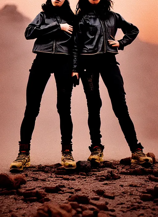 Prompt: cinestill 5 0 d photographic portrait of two loving clones, women wearing rugged black techwear on a desolate plain with a red sky, extreme closeup, diverse species, cyberpunk, in front of a brutalist dark metal facility, dust storm, 3 5 mm, 8 k, f / 3 2, high resolution, ultra realistic faces, beautiful faces