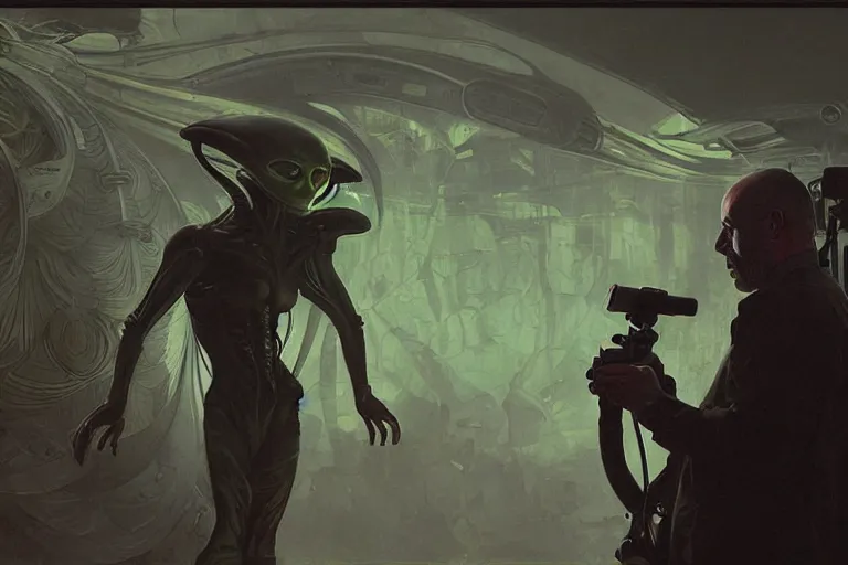 Prompt: joe rogan interviewing an alien, octane render, by greg rutkowski, alphonse mucha, artgerm