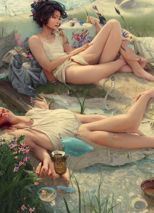 Image similar to scene of a beautiful relaxing summer, by Kenne Gregoire, James Jean, Tran Nguyen, WLOP, Jakub Rebelka. trending on Artstation, 8k, masterpiece, chill summer, graffiti paint, fine detail, full of color, intricate detail, golden ratio illustration