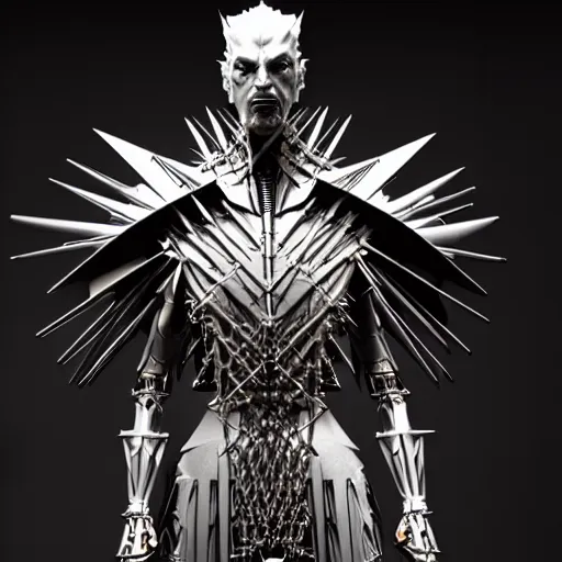 Prompt: avantgarde studio light mr sinister by rembrandt, prometheus movie still frame of biomimetic mr sinister by malczewski, mcu nathaniel essex mr sinister by caravaggio, 3 d biocybernetic character sculpture by wayne barlowe, metal couture editorial dress by alexander mcqueen