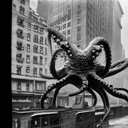 Image similar to old black and white photo, 1 9 1 3, depicting a giant alien dieselpunk octopus rampaging through the bustling streets of new york city, historical record