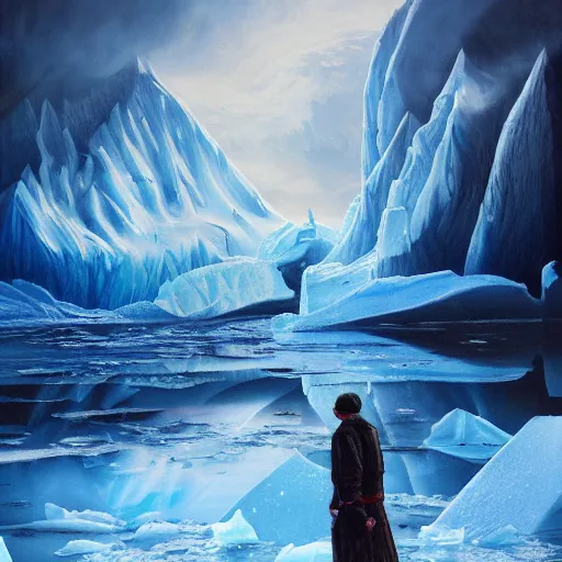 Image similar to menacing presence trailblazer Antarctica glacial cult ice mountain music king, realistic fantasy, oil painting, extremely high detail, photorealistic, cinematic lighting, oil painting, intricate line drawings, 4k resolution