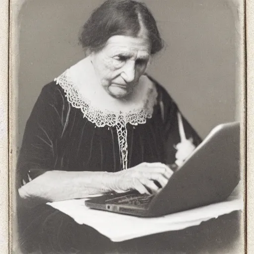 Prompt: Nan in 1910 using an laptop, daguerreotype photo, HD