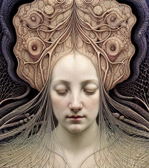 Image similar to detailed realistic beautiful botanical goddess face portrait by jean delville, gustave dore, iris van herpen and marco mazzoni, art forms of nature by ernst haeckel, art nouveau, symbolist, visionary, gothic, neo - gothic, pre - raphaelite, fractal lace, intricate alien botanicals, ai biodiversity, surreality, hyperdetailed ultrasharp octane render