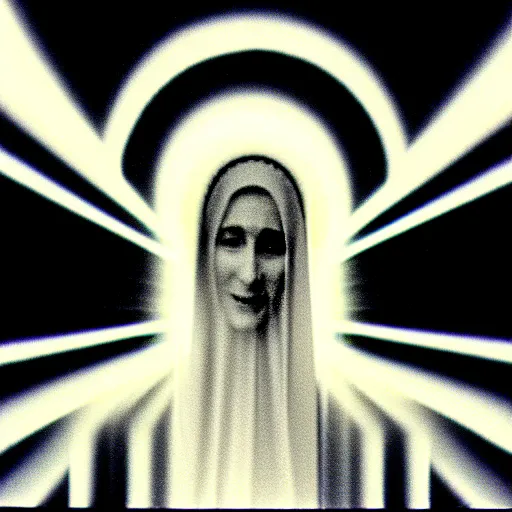 Image similar to vhs static overlay of marian apparition, vhs, 1 9 9 0, highly realistic, highly detailed, vhs noise static, black and white, vhs glitch