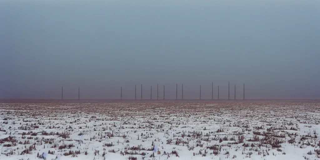 Image similar to photo of mongolian steppe during a snowstorm. three oil derricks in midground. cold color temperature. blue hour morning light, snow storm. hazy atmosphere. humidity haze. kodak ektachrome, greenish expired film, award winning, low contrast.