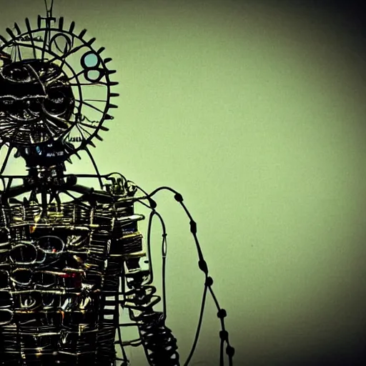 Image similar to clockwork man made of wires and tin, eyes shone bright in the night, bereft of soul and cast without a skin, he shambled and cried a plaintive plight, cinematic, hyper detailed, epic scale, super sharp, rule of thirds.