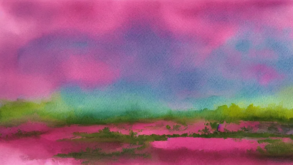 Prompt: watercolor landscape, pink and teal, high key lighting,