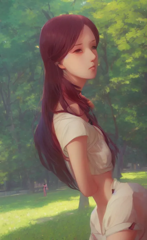 Prompt: a portrait of a female character on a park, vivid colors, soft lighting, atmospheric, cinematic, moody, in the style of ilya kuvshinov and range murata, krenz cushart, rule of thirds, oil on canvas, 8 k