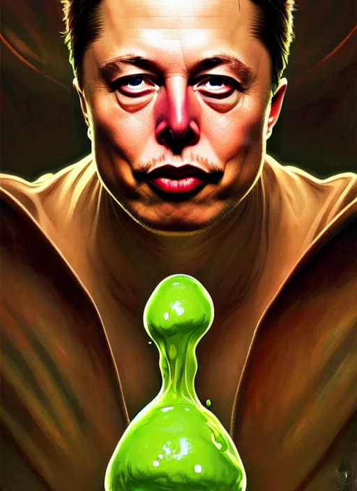 Image similar to elon musk as mollusk, slime, drool, portrait, intricate, elegant, highly detailed, digital painting, artstation, concept art, wallpaper, smooth, sharp focus, illustration, art by artgerm and greg rutkowski and alphonse mucha