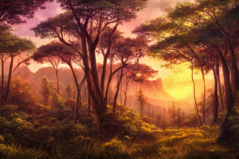 Prompt: the forest during a beautiful sunset, jungle mountains in the background with huge incredibly immense trees, highly detailed, trending on art station, flying birds in the distance, ancient forest like fanal forest or fangorn forest, realistic painting, sharp image, jurassic image