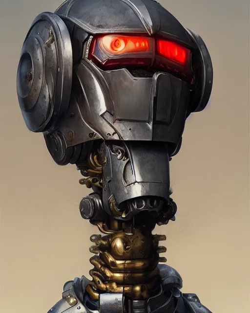 Image similar to hyper realistic portrait of warhammer robotic android head, cinematic, chaos marine, artstation, cgsociety, full head, greg rutkowski, james gurney, mignola, craig mullins, brom