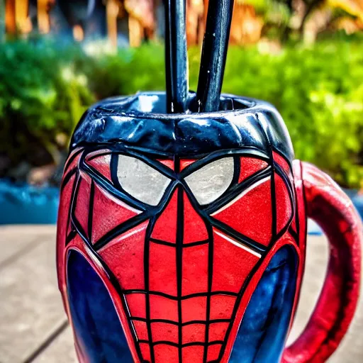 Image similar to a closeup photorealistic capture of glossy spider man style tiki mug at an outdoor trader vic's bar featuring the face of spider man. tiki theme. bright scene. fine detail. this 4 k hd image is trending on artstation, featured on behance, well - rendered, extra crisp, features intricate detail, epic composition and the style of unreal engine.