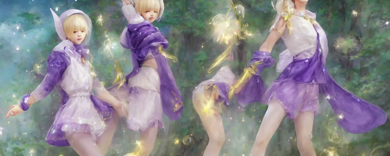 Image similar to Full View of a mysterious kpop fairy maidens with short blond hair wearing an oversized purple Beret, Baggy Purple overall shorts, Short Puffy pants made of silk, silk shoes, a big billowy scarf, Golden Ribbons, white leggings Covered in stars. Short Hair. peasant magic. masterpiece 4k digital illustration by Ruan Jia and Mandy Jurgens and Artgerm and william-adolphe bouguereau, award winning, Artstation, art nouveau aesthetic, Alphonse Mucha background, intricate details, realistic, panoramic view, Hyperdetailed, 8k resolution, intricate art nouveau, smooth, sharp focus