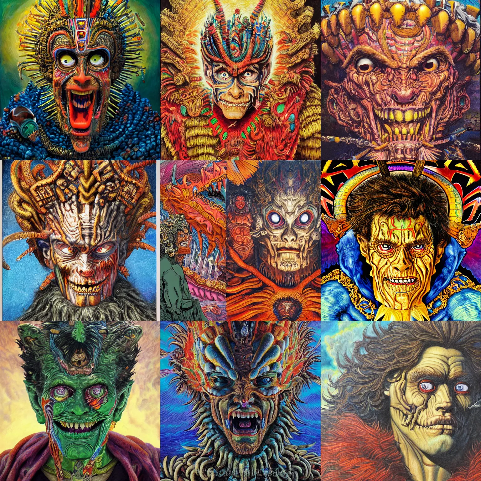 Prompt: a detailed oil painting of willem dafoe as a poorly disguised giant aztec god in the style of gustave dore and junji ito and kubrick and lisa frank and my mom