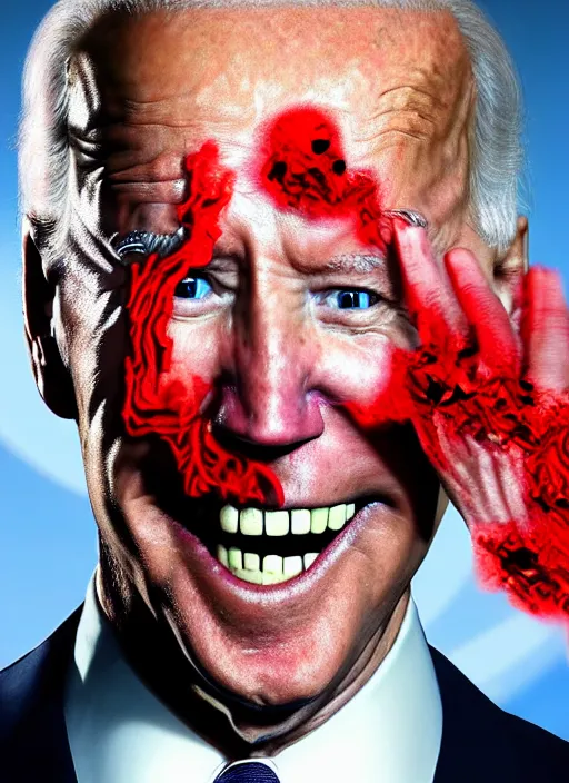 Image similar to Joe Biden, hyper realistic ultra realistic horror terror dimensional photo furious glowing red eyes, extreme fear, panic, psychotic, Joe Biden , high quality photo, detailed , 8k