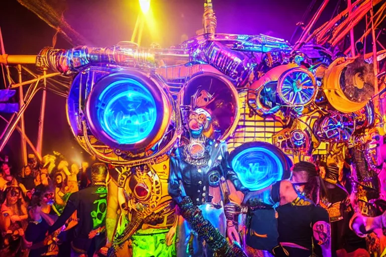 Image similar to scene is elrow party in privilege in ibiza, portrait photo of a giant huge golden and blue metal steampunk robot, with gears and tubes, eyes are glowing red lightbulbs, shiny crisp finish, 3 d render, 8 k, insaneley detailed, fluorescent colors, haluzinogetic, background is multicolored lasershow