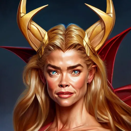 Image similar to Denise Richards as She-Ra, western, D&D, fantasy, intricate, elegant, highly detailed, digital painting, artstation, concept art, matte, sharp focus, illustration, art by Artgerm and Greg Rutkowski and Alphonse Mucha