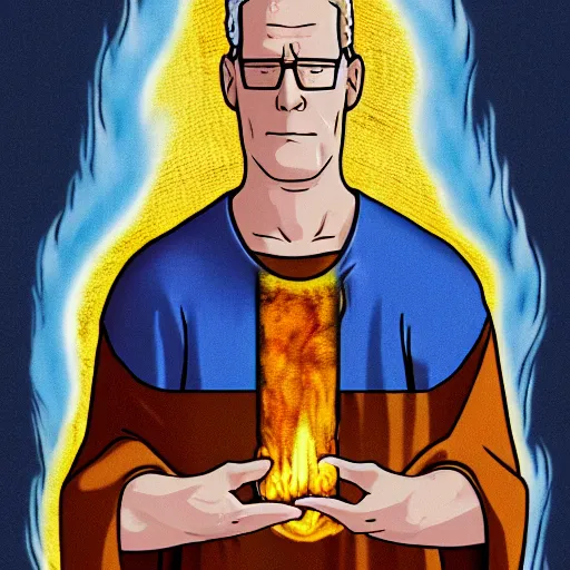 Image similar to hank hill as the saint of propane, white tshirt, blue jeans, surrounded by blue fire, surrounded by blue flames, renaissance religious painting, late gothic religious paintings, byzantine religious art, trending on artstation