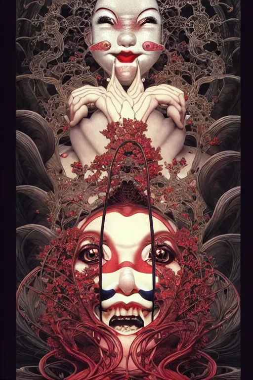 Image similar to 🔞🤡, dynamic lighting, perfect shape, 8 0 0 mm, unreal, depth detailed, intricate, symmetrical, fine details by bambang nurdianshyah, garis edelweiss, roby dwi antono and ayami kojima, takato yamamoto, barclay shaw, karol bak, yukito kishiro, norman rockwell, arstation, trending