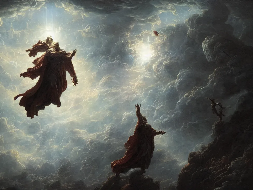 Image similar to Elon Musk opening up the skies with his magic power, Gustave Doré, Tooth Wu and WLOP, cinematic