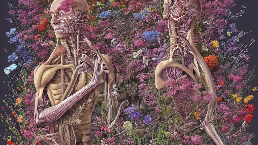 Image similar to highly detailed illustration of a human anatomy body exploded by all the known species of flowers by juan gatti, by makoto shinkai, by moebius!, by oliver vernon, by joseph moncada, by damon soule, by manabu ikeda, by kyle hotz, by dan mumford, by kilian eng