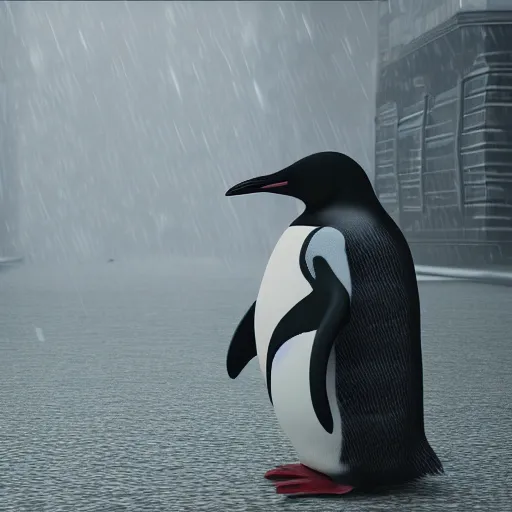 Prompt: realistic penguin at a dystopian city while it rains, high resolution, 8 k picture
