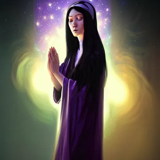 Image similar to Masterpiece portrait of an aesthetic beautiful! realistic black haired priestess, 30 years old woman, praying, soft cinematic light, digital painting by WLOP, atmospheric effects, fireflies, 4K, octane render, artstation, deviantart, closer view, dark purple blue tones