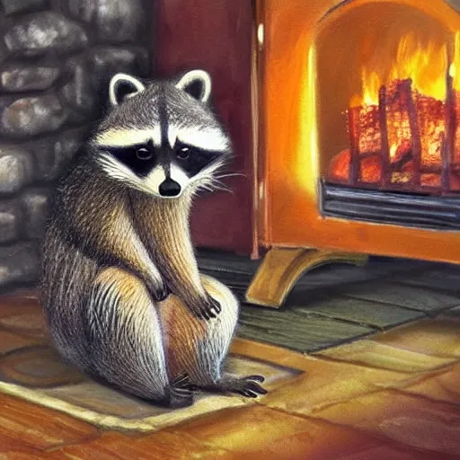 Image similar to little raccoon and sitting by a cozy fireplace with a cup of tea. warm color temperature,