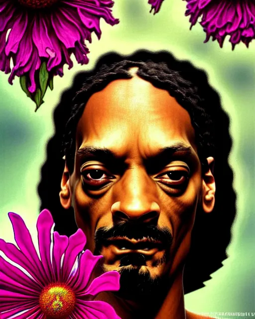 Image similar to closeup portrait snoop dogg, wearing a flower bikini, beautiful siren succubus, intricate, beautiful flowers, hyperrealism, intense, dmt, artgerm, moebius, glamour pose, arney freytag, greg rutkowski, maxfield parrish, dan mumford, moebius, alphonse mucha