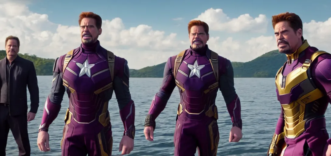 Image similar to a very high resolution image from a new movie. thanos waving at tony stark while capitan america watches on a lake, photorealistic, photography, directed by wes anderson