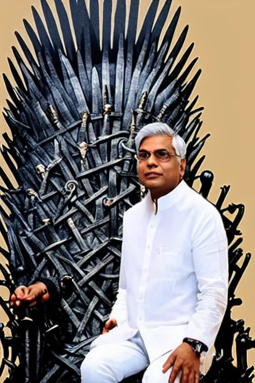 Prompt: Ranil Wickramasinghe sitting on the iron throne