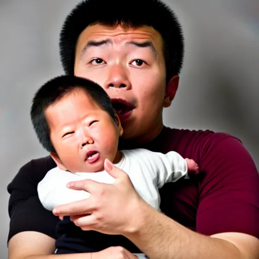 Prompt: a shocked asian man holding his newborn black baby