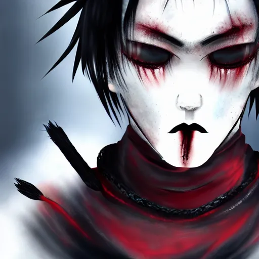 Image similar to Asian goth, male, black lipstick, pale skin, detailed spiky red hair, detailed, wearing bloody bandages, leather clothing, 4K, drawn by Ai Yazawa