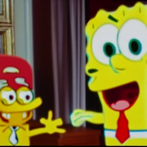 Image similar to cctv footage of spongebob meeting donald trump,