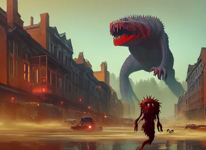 Prompt: giant monstrous aggressive scaled creature screaming at the camera, in the foreground a small town, epic science fiction horror digital matte painting by Simon Stalenhag and Mark Brooks (and Greg Rutkowski), extremely detailed, artstation